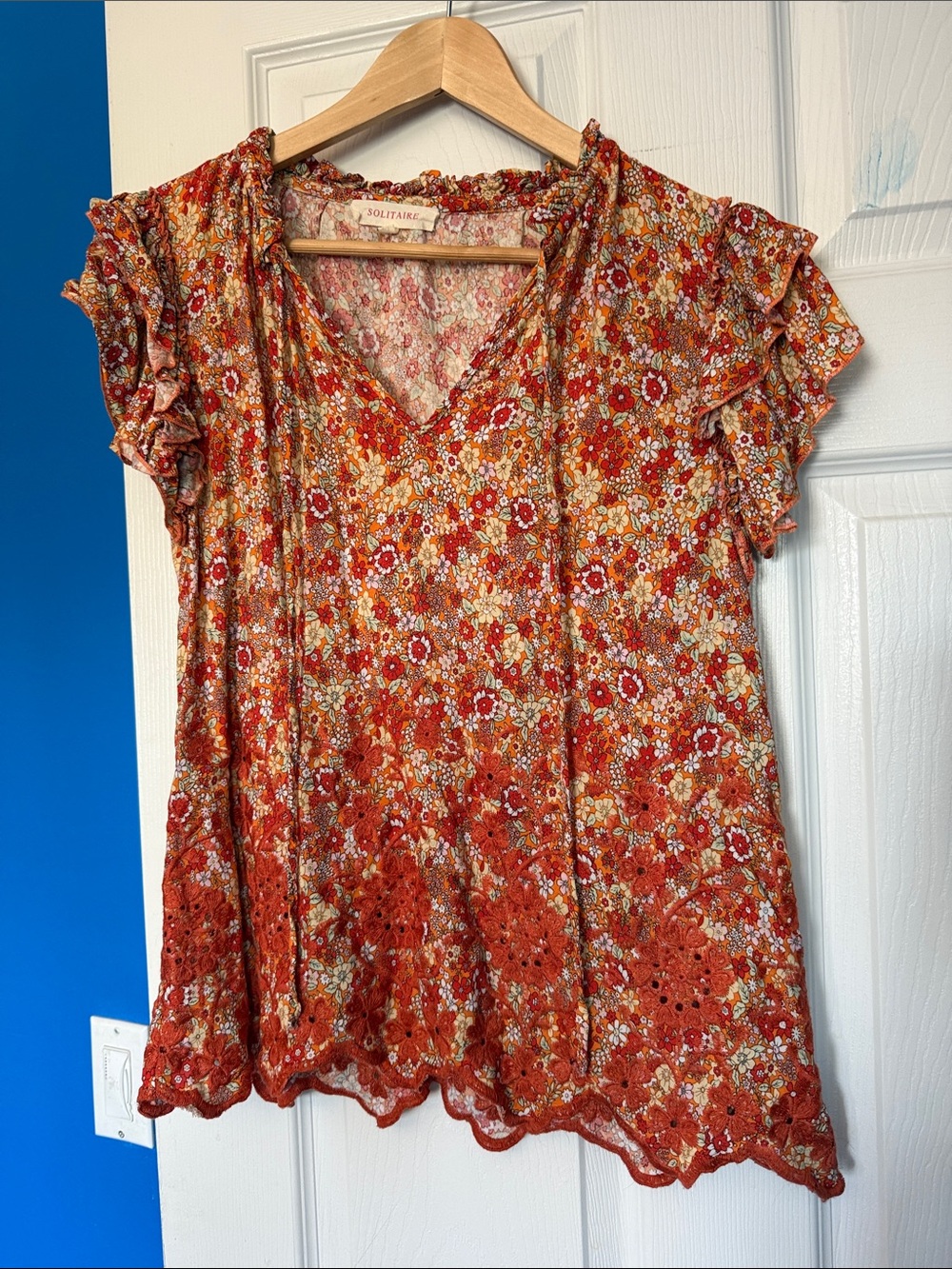 Solitaire Rust Floral Eyelet V-Neck Ruffle Sleeve Blouse
